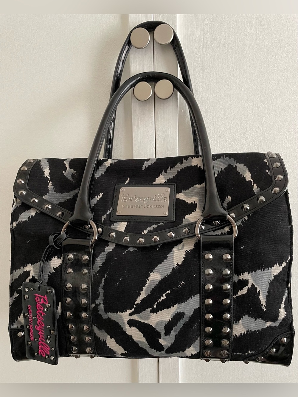 Betsey Johnson Black & White Zebra Studded Satchel ExcellentShape 11”x14.5”x5.5”